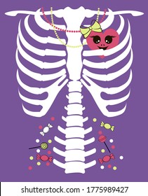 Cartoon skeleton with heart and candy. Halloween print for girl's clothes. Vector illustration.