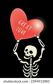 Cartoon skeleton holding big red heart with text - great love. Vector illustration for Valentine's Day