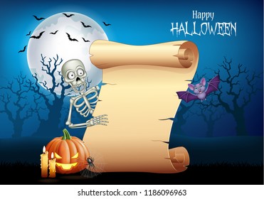 Cartoon skeleton holding scroll banner with Halloween background