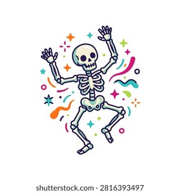 A cartoon skeleton is joyfully dancing with its arms raised and legs spread, surrounded by vibrant confetti and abstract shapes, conveying a sense of celebration and fun.