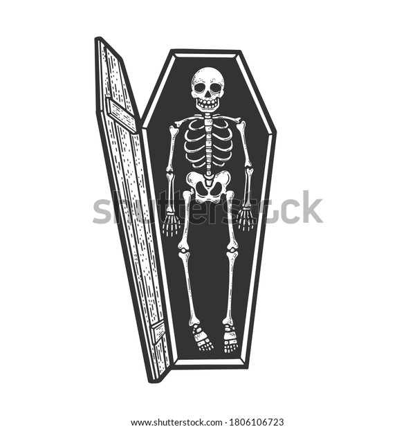 開いた棺の中のカートーンの骸骨スケッチ彫刻ベクターイラスト Tシャツのアパレルプリントデザイン スクラッチボードの模倣 白黒の手描きの画像 のベクター画像素材 ロイヤリティフリー