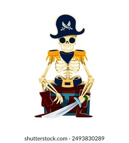 Cartoon skeleton pirate captain character sitting on the treasure chest, sternly guarding his loot, adorned in a classic filibuster outfit with a dark cocked hat. Isolated vector Halloween skeleton