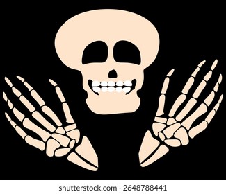 Cartoon skeleton with raised hands on dark background. Fun for Halloween, education, decor.