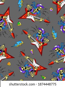 Cartoon skeleton with red electric guitar playing punk rock music. Vector seamless pattern