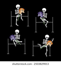 Cartoon skeleton rides a toy horse. Halloween hobby horsing set. Vector illustration.