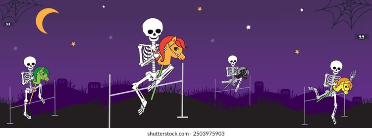 Cartoon skeleton rides a toy horse on cemetery. Halloween hobby horsing. Border horizontal banner. Vector illustration.