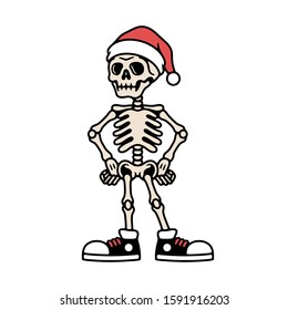 CARTOON SKELETON WITH SANTA HAT AND SNEAKERS COLOR WHITE BACKGROUND