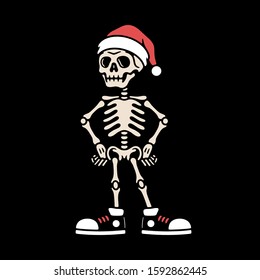 CARTOON SKELETON WITH SANTA HAT AND SNEAKERS COLOR BLACK BACKGROUND