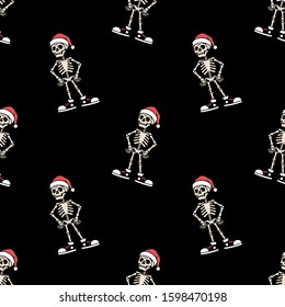 CARTOON SKELETON WITH SANTA HAT AND SNEAKERS COLOR SEAMLESS PATTERN BLACK BACKGROUND