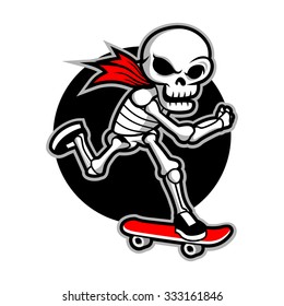 Cartoon Skeleton With Scarf Riding Red Skateboard, Row Your Skate