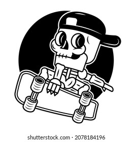 Cartoon skeleton with scarf riding skateboard, skidding skateboarding skeleton