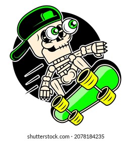 Cartoon skeleton with scarf riding skateboard, skidding skateboarding skeleton