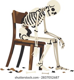 A cartoon skeleton sitting slumped in a dejected posture on a wooden chair.
