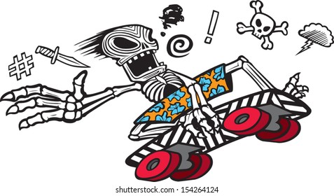 A cartoon skeleton skate boarder tearing it up. Vector file.