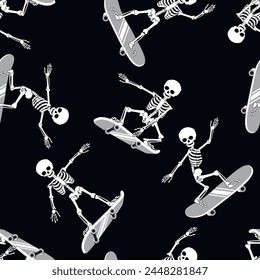 Cartoon Skeleton skateboarding. Seamless pattern. Vector illustration.