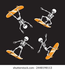 Cartoon Skeleton skateboarding. Set Vector illustration.
