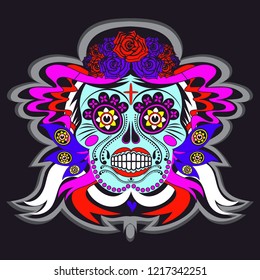 Cartoon skeleton skull with Mexico ornaments poster