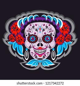 Cartoon skeleton skull with Mexico ornaments poster