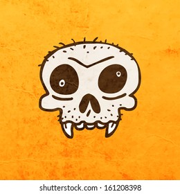 Cartoon Skeleton Skull with Mustache. Cute Hand Drawn Vector illustration, Vintage Paper Texture Background