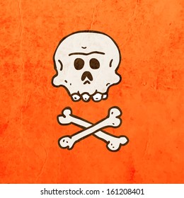 Cartoon Skeleton Skull with Mustache. Cute Hand Drawn Vector illustration, Vintage Paper Texture Background