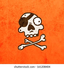 Cartoon Skeleton Skull with Mustache. Cute Hand Drawn Vector illustration, Vintage Paper Texture Background