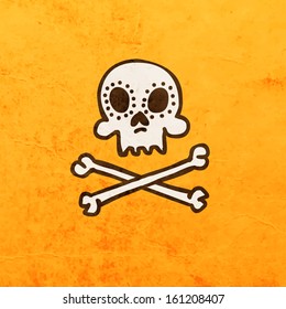 Cartoon Skeleton Skull with Mustache. Cute Hand Drawn Vector illustration, Vintage Paper Texture Background