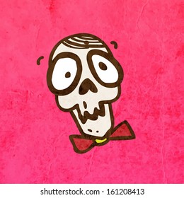 Cartoon Skeleton Skull with Mustache. Cute Hand Drawn Vector illustration, Vintage Paper Texture Background