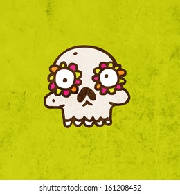 Cartoon Skeleton Skull with Mustache. Cute Hand Drawn Vector illustration, Vintage Paper Texture Background
