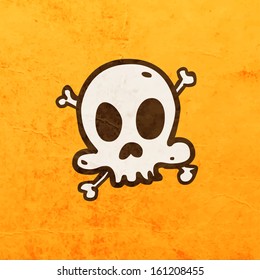 Cartoon Skeleton Skull with Mustache. Cute Hand Drawn Vector illustration, Vintage Paper Texture Background