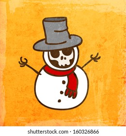 Cartoon Skeleton Snowman. Cute Hand Drawn Vector illustration, Vintage Paper Texture Background