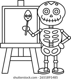 A cartoon skeleton stands next to an easel holding a brush, appearing to paint on a blank canvas.