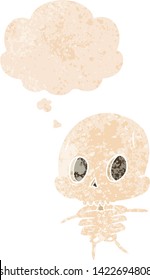 cartoon skeleton with thought bubble in grunge distressed retro textured style