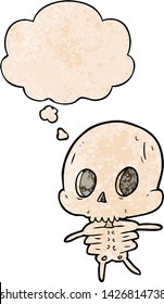 cartoon skeleton with thought bubble in grunge texture style