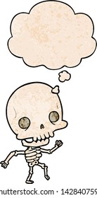 cartoon skeleton with thought bubble in grunge texture style