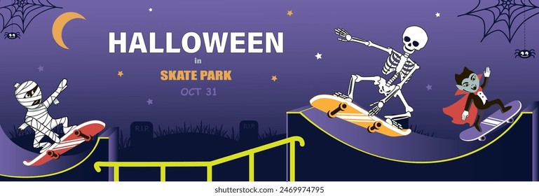 Cartoon  skeleton, vampire and mummy skateboarding. Banner Halloween vector illustration