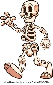 Cartoon skeleton walking and waving. Vector clip art illustration with simple gradients. Some elements on separate layers. 
