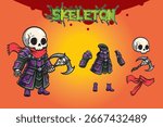 Cartoon skeleton warrior character with purple armor, red scarf, skull weapon, and separate outfit parts. Cute dark fantasy game or sticker design on orange background.
