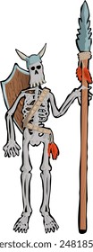 Cartoon Skelett Krieger in einem Helm mit einem Speer und einem Schild über seinen Schultern. Vektorillustration Bone Warrior mit einem Hecht aus Holz und Metall hat auch Kopfschutz vor Schlägen und einen Holzhaken