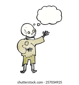 esqueleto de dibujos animados ondeando con burbuja de pensamientos