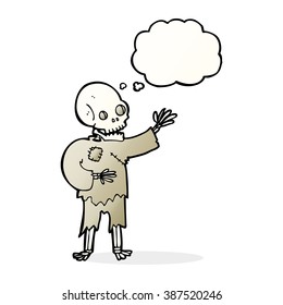 esqueleto de dibujos animados ondeando con burbuja de pensamientos