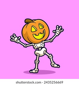 cartoon skeleton wear pumpkin mask character vector illustratoin