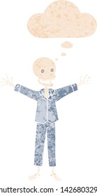 cartoon skeleton wearing pajamas with thought bubble in grunge distressed retro textured style