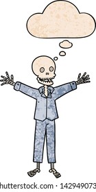 cartoon skeleton wearing pajamas with thought bubble in grunge texture style