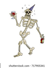 Cartoon skeleton wearing a party hat drinking wine