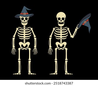 Cartoon skeleton wearing a witch hat. Skeleton takes off his hat in greeting. Vector illustration