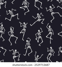 Esqueletos de dibujos animados bailan sin patrón. Personaje de miedo de Halloween en diferentes poses, día de la mascota espeluznante muerta. Decoración textil, envoltura, Fondo de pantalla. Impresión para la tela, fondo de Vector ordenado