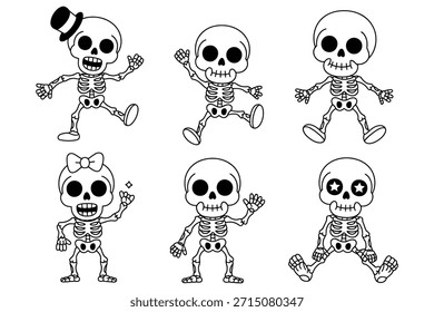 Cartoon skeletons dancing and posing illustration black and white