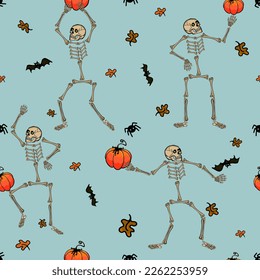Cartoon skeletons in different poses with pumpkins. Halloween theme. Design elements for stickers, social networks. Flat vector pattern. For printing, cards, designers, clothes, interior, icon, logo