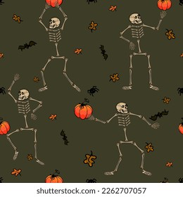 Cartoon skeletons in different poses with pumpkins. Halloween theme. Design elements for stickers, social networks. Flat vector pattern. For printing, cards, designers, clothes, interior, icon, logo