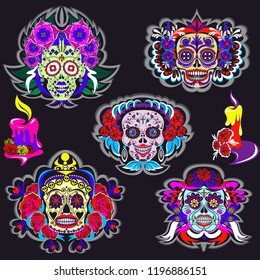 Cartoon skeletons with floral Mexico ornaments set